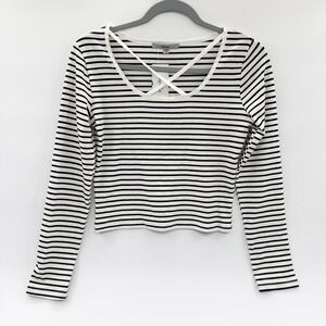 Papaya Womens‎ Black White Striped Long Sleeve Crisscross Neck Crop Top LK-001 S
